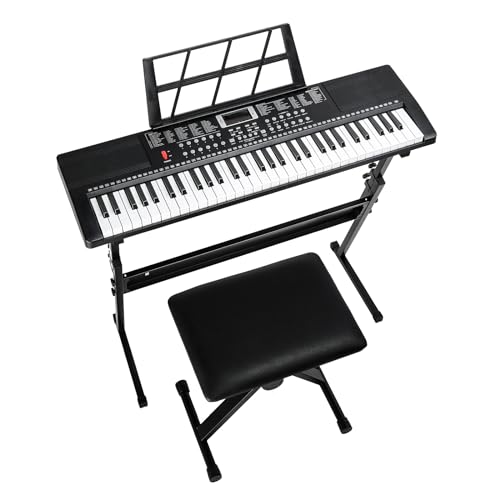 LEADZM Clavier Piano 61 Touches, Piano Numérique avec Support de Clavier, Banc de Piano, Pupitre, Casque, Microphone, Écran LED, 3 Modes D'apprentissage pour Débutants