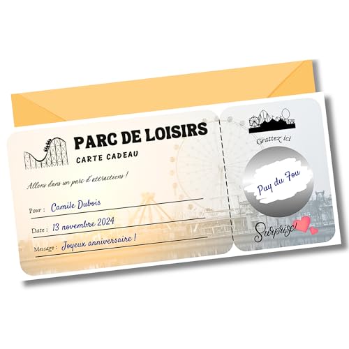 Bon cadeau parc de loisirs, parc d’attractions, séjour loisirs | Carte cadeau à gratter personnalisable | Chèque-cadeau | Carte cadeau couple, Saint Valentin, Noël, amour (Parc de Loisirs)