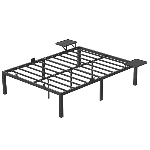 VASAGLE Lit Double, Lit 2 Personnes, Cadre de Lit en Métal avec Étagères de Rangement, Lit Adolescent, Adapté pour Matelas 140 x 190 cm, Montage Facile, Noir Classique RMB093B01