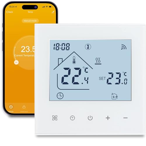 Beok Thermostat Connecté WiFi pour Chauffage de Chaudière à Gaz Thermostats d'Ambiance Programmable Régulateur de Température Mural avec LCD Numérique Compatible Alexa 3A,Blanc