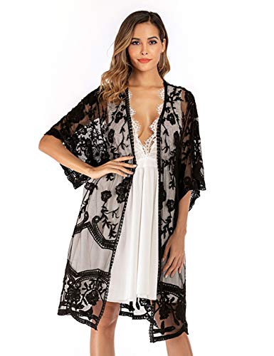 Leisofter Femme Robe de Plage Bikini Cache-Maillots Broderie Robe Couvrir Beach Maillots de Bain Cover Up, Mi-Longueur