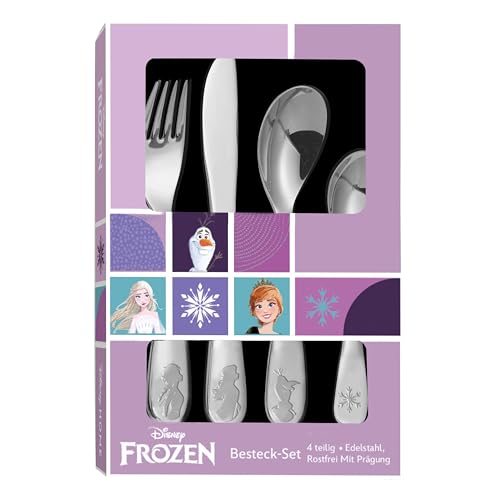 p:os 35805-Frozen la Reine des Glaces Set Filles, 4 pièces de Couverts pour Enfants en Acier Inoxydable, avec Couteau, Fourchette, Soupe et cuillère à Dessert, 35805, Multicolore