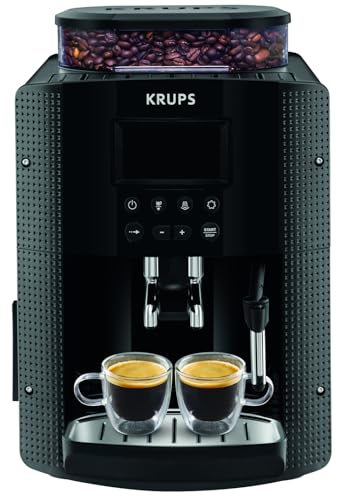 Krups Machine à café grain, 2 expressos simultanés, Ecran LCD, Cafetière espresso compacte, Nettoyage automatique, Buse vapeur pour Cappuccino, Essential noire YY8135FD, Noir