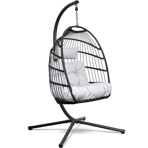 Swoods Chaise Suspendue Egg - Fauteuil Suspendu avec Support - pour Intérieur et Extérieur - Comprend Oreillers & Housse de Protection - Chaise Egg - Cocoon - Chaise Oeuf - Jusqu'à 150kg (Gris Clair)