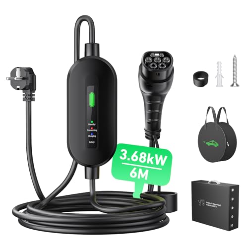 EVJUICION Chargeur Voiture Electrique 16A, EV Chargeur Type 2, Câble Recharge Voiture Electrique Rapide 3.68kW, vec Voyant LED, IEC 62196-2, IP67 Étanche, avec Sac (6M)