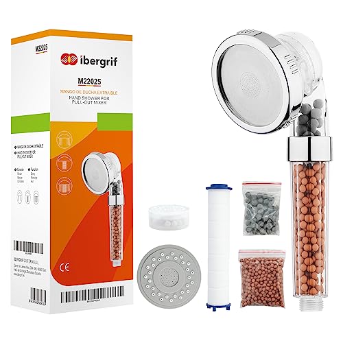 Ibergrif M22025,Pommeau de Douche 3 Modes, Système de Filtration à Trois Étages pour Pommeau de Douche à Haute Pression Économe en Eau et Anticalcaire avec Filtre en Coton PP Remplaçable