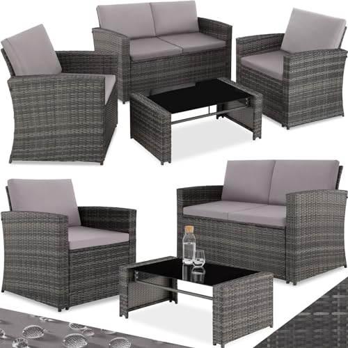 TecTake® Salon de Jardin Exterieur en Résine ressée 4 Places Table de Jardin, 1 Canapé de Jardin, 2 Fauteuil Jardin, Coussins Inclus, Mobilier de Jardin pour Amenagement Balcon - Gris/Gris Clair