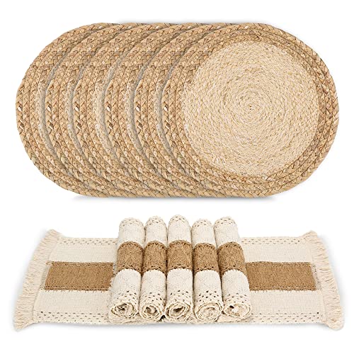 Zology Lot de 6 sets de table tissés à la main en toile de jute de coton naturel et paille d'eau tissée, décoration en macramé et style ferme, pour table à manger, cuisine