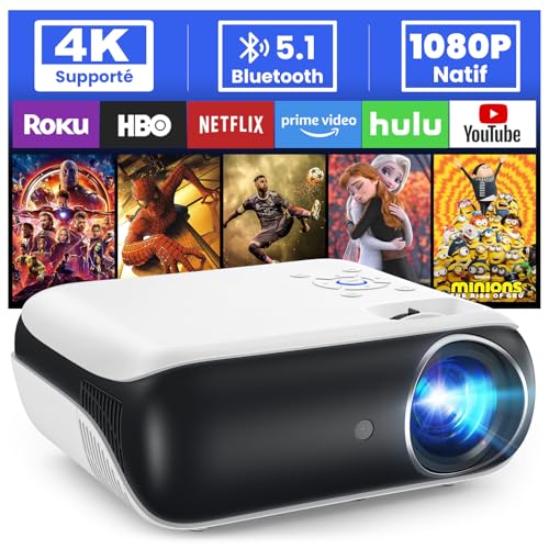 HOPVISION Projecteur 4K Supporté, Mini Projecteur Bluetooth 5.1 Home Cinéma 9500 lux Vidéoprojecteur, Natif Full HD 1080P Retroprojecteur 180'' pour Extérieur/Maison Fire Stick/Smartphone/PS5/HDMI