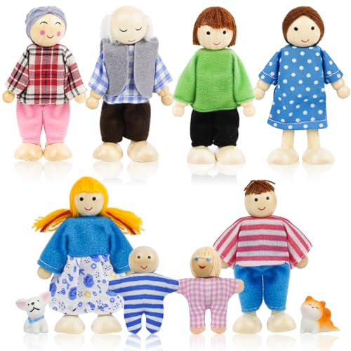 Famille de Poupee en Bois Set de 10 menbres pour Maison avec Chat et Chien, Personnages Maison de Poupée pour Accessoires de Jeu de Rôle et Cadeau