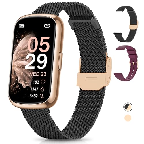 RUXINGX Montre Connectée Femme, 1.47" Bracelet Connectée, 24 Sports, 24H Fréquence Cardiaque, SpO2 Sommeil Fonction Féminine IP68 Étanche Smartwatch Podometre Trackers d'Activité Android iOS Or Noir