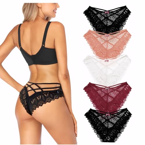 Getervb 5 Pack String Femme Sexy Chic Hot Tanga Dentelle Creux Out Culottes Slips Stretch sous-Vêtements Tentation Panties