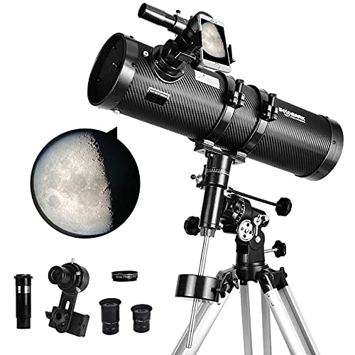 Télescope 130EQ Newton Réflecteur Télescope pour Adultes, Télescopes Professionnels pour Adultes, Livré avec Adaptateur Smartphone Objectif Barlow 1,5X et Filtre TMoon 13% T