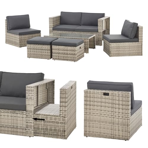 Juskys Salon de Jardin Salou en polyrotin - Espace Lounge d'extérieur résistant aux intempéries pour 6 Personnes - Coin Salon avec Table & Coussins - pour Jardin, Balcon, terrasse - Gris