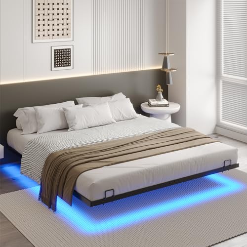 DICTAC Lit LED Double 160x200 cm avec sommier à Lattes,Lit 2 Personne avec Éclairage LED,Floating Bed Frame,Lit à Lattes Métal pour Adulte,Cadre de Lit pour Chambre d’Amis,Noir-sans Matelas