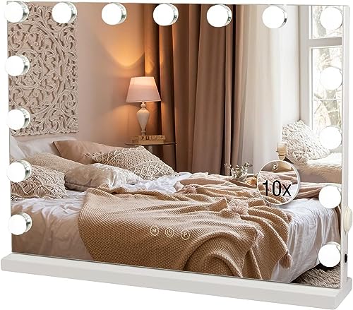 YU YUSING Miroir Maquillage Hollywood Lumineux, Miroir LED 15 Lumières Dimmables 58X45cm, Miroir Coiffeuse Contrôle Tactile 2 Couleurs Montage Mural Blanc