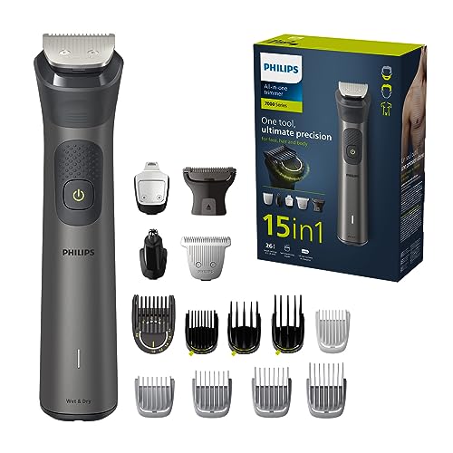 Philips Multigroom Series 7000 - Tondeuse tout-en-un équipée de 15 sabots pour le visage, la tête et le corps, et 26 hauteurs de coupe (de 0,5 à 20 mm) pour une précision ultime (modèle MG7950/15)