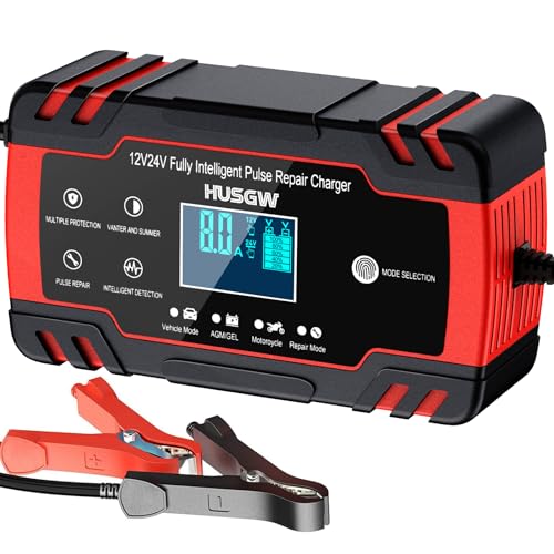 Chargeur de Batterie Intelligent 12V/24V 8A Mainteneur et Automatique Réparation Fonction Portable avec Écran LCD, pour Voiture Moto Camion, AGM, Gel, Wet, SLA(8-100AH) (BlackRed)