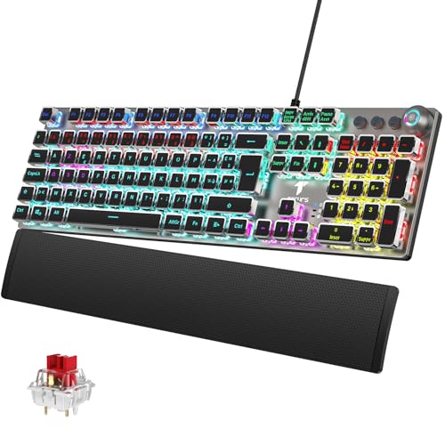 TECURS Clavier Gaming Mécanique - Clavier Gamer Programmable avec Repose-Poignet Magnétique, Switchs Rouges, 19 Modes LED, Touches Multimédia, Clavier AZERTY PC/Wins/PS4