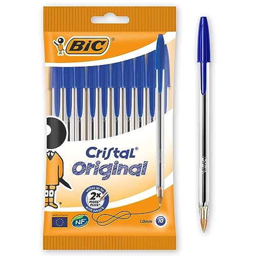 BIC Ecriture Cristal Original Stylos-Bille Pointe Moyenne (1,0 mm) - Encre De Couleur Bleue, Pochette de 10