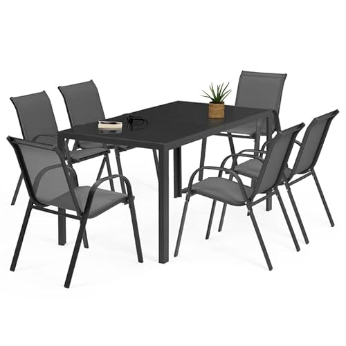 IDMarket - Salon de Jardin Madrid Table 150 CM et 6 chaises empilables Gris Anthracite