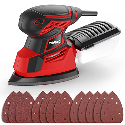 POPULO Ponceuse Vibrante 130W 14000 RPM Ponceuse de Détail Professionnel avec Cordon d'alimentation 1.83m, Système de Collection de Poussière,12PCS Feuilles Abrasives pour Le Ponçage,Le Polissage