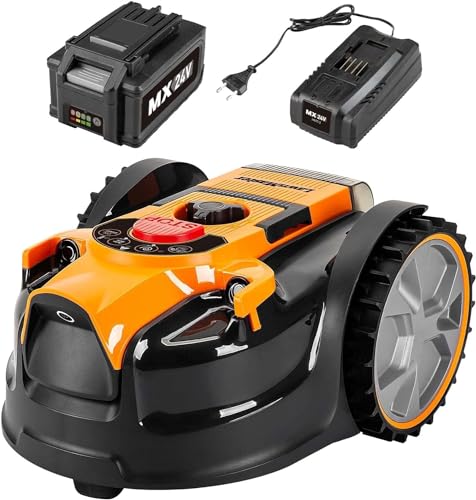 LawnMaster VBRM16 OcuMow™ Tondeuse Robot de Jardin Pose et TOND pour 100m² Coupe 20-60 mm avec Batterie Lithium-ION MX 24V 4.0Ah et Chargeur Rapide