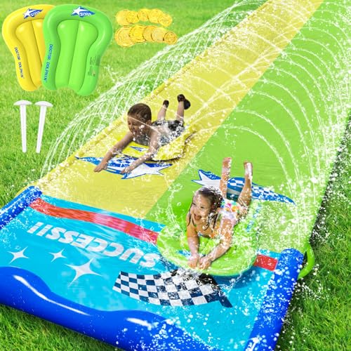 JONRRYIN Toboggan Aquatique, Toboggan à Eau pour Double Glissade de 600 * 140 cm et 2 Planches de Surf, Jouets d'été pour Adultes et Enfants pour Le Jardin, Piscine, Extérieu (2)