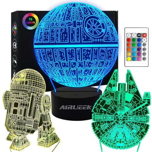 Lampe 3D Star Wars, 3 motifs, 1 socle, 1 télécommande, Motif Star Wars R2-D2, Étoile de la mort, Faucon Millenium, Avec télécommande