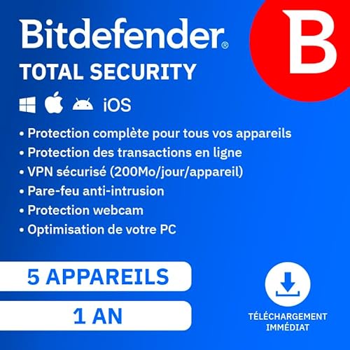 Bitdefender Total Security 2024 | 5 appareils | 1 An | PC/Mac/Smartphone | Code d’activation par email