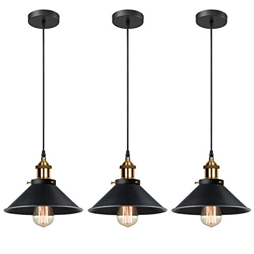 iDEGU 3x Retro Suspension Luminaire Industriel Design Edison Luminaire Plafonnier E27 Lustre Suspension en Métal, Ø 22cm (3 PACK Noir)
