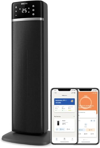 Philips Radiateur Soufflant Séries 5000, Technologie de chauffage céramique, IA pour économiser de l'énergie, chauffe en 2 secondes et 5 fonctions intégrées, contrôle par app, gris et noir (CX5120/11)