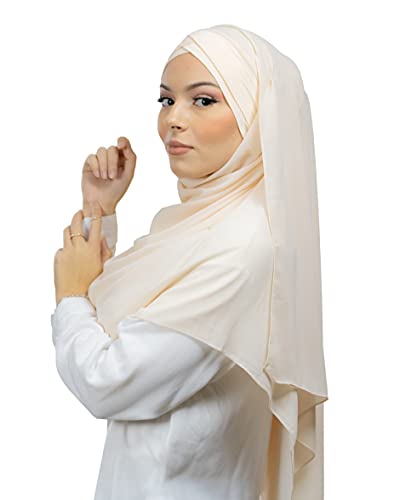 Lamis Hijab - Hijab Foulard à Enfiler croisé avec bonnet intégré pour femme musulmane voilée châle islamique voile enfilable (Beige crème)