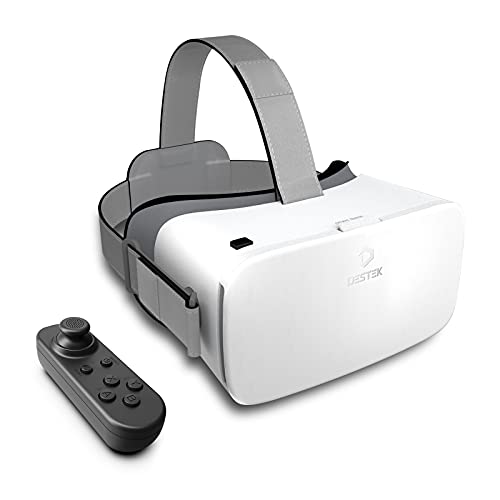 DESTEK V5 VR Casque pour Téléphone avec Manette, 110°FOV HD Anti-Lumière Bleue Lunettes de Réalité, Lunettes de réalité virtuelle VR pour iPhone 15/14/13/12/11, Samsung, Android - Blanc