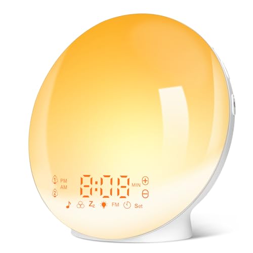 Eveil Lumière LED Radio Réveil Matin Lumineux Lampe de Chevet 20 Niveaux de Luminosité Simulateur d'Aube et Crépuscule 2 Réveils 7 Sons Naturels Fonction Snooze Veilleuse Enfant 11 Couleurs (Jaune)