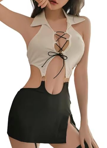 MIZSPISE Tenue Sexy de Secrétaire Lingerie Femme Costume de Bureau Cosplay Uniforme Robe Dos Nu Body Coquine Nuisette Ensemble de Haut Évidé Jupe Fendue avec String sans Manche