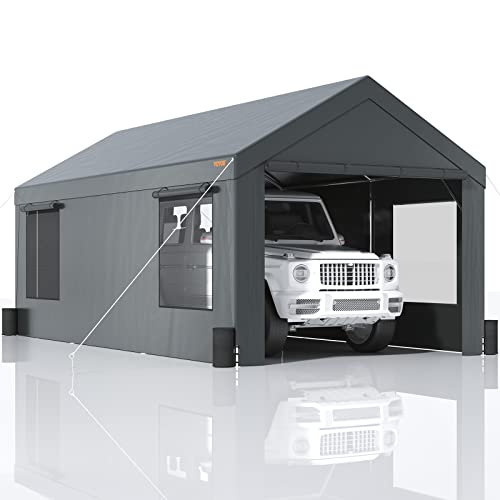 VEVOR Carport Auvent pour Voiture, Tente de Garage 3,7x6 m Abri Extérieur avec Parois Latérales Amovibles, Fenêtres et Portes Ventilées Enroulables Imperméable pour Voiture, Camion, Bateau, Gris Foncé