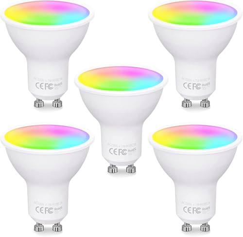 Fitop Ampoule Connectée WiFi GU10,RGBCW LED Smart Ampoule, Compatible avec Alexa/Google Home, 4.7W Equivalent à 50W Ampoule Dimmable Multi-Couleur,2700-6500K Blanc Chaud Blanc Froid,5 pièces