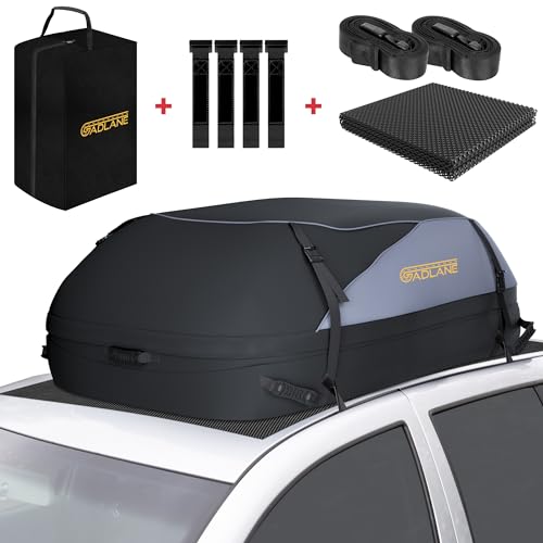 GADLANE Sac de toit de voiture – 400 l – Coffre de toit étanche pour voitures avec/sans porte-bagages de toit avec 6 sangles robustes, tapis antidérapant et sac de rangement pour voitures, SUV,