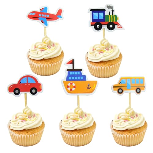 Décorations Muffin Transport, 64 Pièces Décorations Pour Gâteau Transport, Décorations Cupcakes Transport Pour Enfants Fille Garçon Voiture Bus Train Bateau Avion Fournitures Fête d'Anniversaire Thème