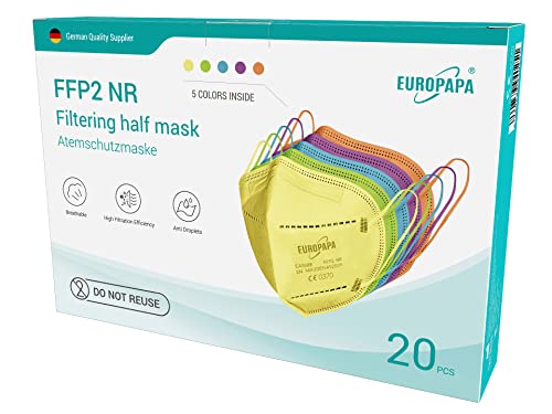 EUROPAPA 20x Masques ColorÉS FFP2 Masque Respiratoire Masques Anti-PoussiÈRe 5 Couches EmballÉS HygiÉNiquement Individuellement Corps CertifiÉ EN149:2001+A1:2009 Masque Facial EU2016/425