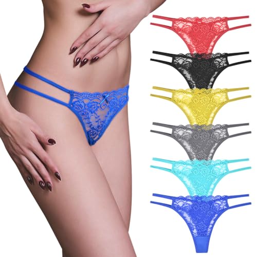 AUYAO Strings et Tangas Femme, Lot de 6 Strings en Dentelle Femme, sous-Vêtements Ans Couture String Ficelle Taille Basse, Culotte Invisible Femme, Lingerie String Sport Femme(2 Élastiques-M)