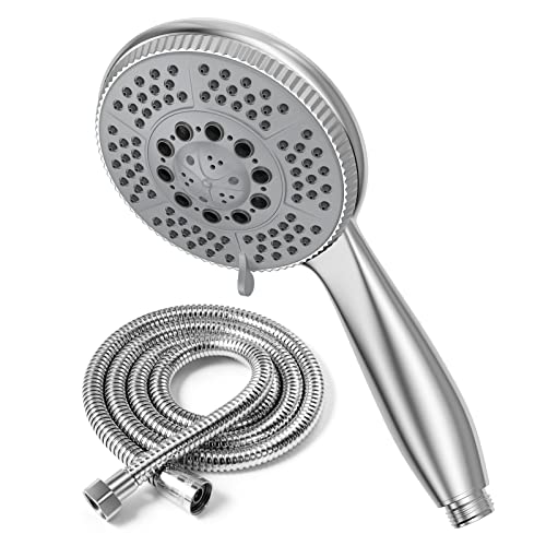 Vinabo Pommeau de douche + 1,5 m flexible douche en acier tube, 5 fonctions jet de douche multifonction à haute pression, ABS chromé Pulvérisateur douche anti-calcaire pommeau avec buse Argenté