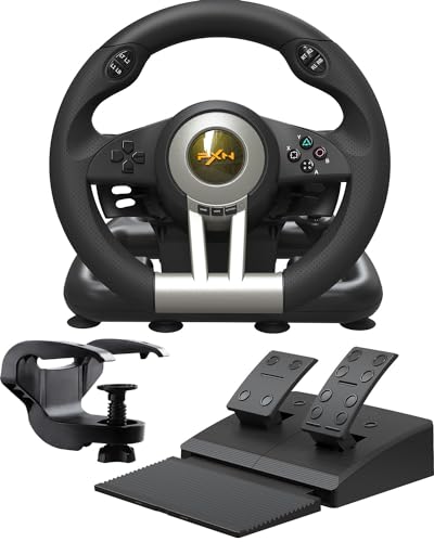 PXN V3 Pro Volant de Jeux, Volant avec Pedale - 180° Volant PC, Retour de Vibration, Palettes de Changement de Vitesse - Volant pour PC, PS3, PS4, Switch, Xbox one et Xbox Series S & X - Noir