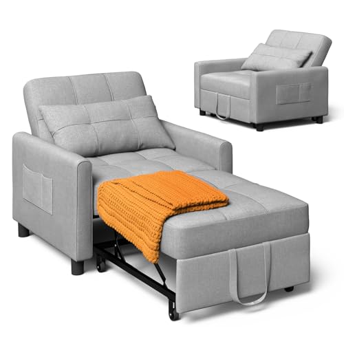 Xbro Fauteuil-lit 3 en 1 Convertible 1 Place, Fauteuil-lit avec Fonction Lit, Canapé-lit Réglable avec Coussin et Sac, Fauteuil avec Fonction Lit pour Petit Appartement (Gris Clair)