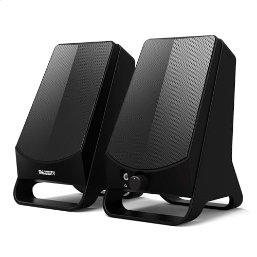 Majority DX10 Enceintes PC avec Alimentation USB, pour Ordinateur de Bureau ou Portable, Enceinte PC Gamer, Connexion Jack Port AUX/3,5 mm, Mini Haut-Parleur 10W Compatible TV/Ordinateur