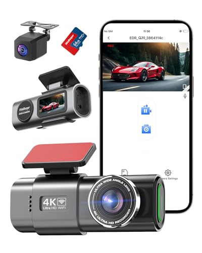 Caméra Embarquée WiFi Avant Arrière 4K+1080P,Dashcam avec Carte SD 64 G, Contrôle par Application,Vision Nocturne, Capteur G, Enregistrement en Boucle, WDR