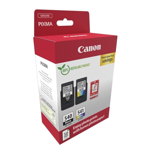 Canon Pack Encre & Papier - PG-540/CL-541 Cartouches d'encre Authentiques pour imprimante - 2 Packs (1x Noir, 1x Couleur) & Papier Photo 4x6 (50 x Feuilles) - Compatible avec l'imprimante PIXMA