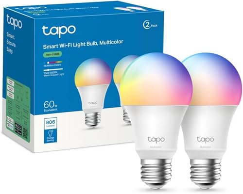 Tapo Ampoule Connectée WiFi, Ampoule LED E27 Multicolore 2500K-6500K, Dimmable 8.7 W 806Lm, Compatible avec Alexa et Google Home, Commande Vocale, Economie d'énergie, Tapo L530E(2-pack)