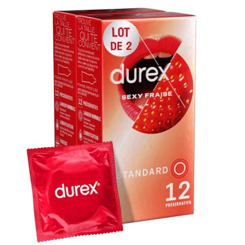 Durex - Lot de 24 Préservatifs Sexy Fraise - Extra Lubrifié Saveur Fraise - 2 x12 Préservatifs